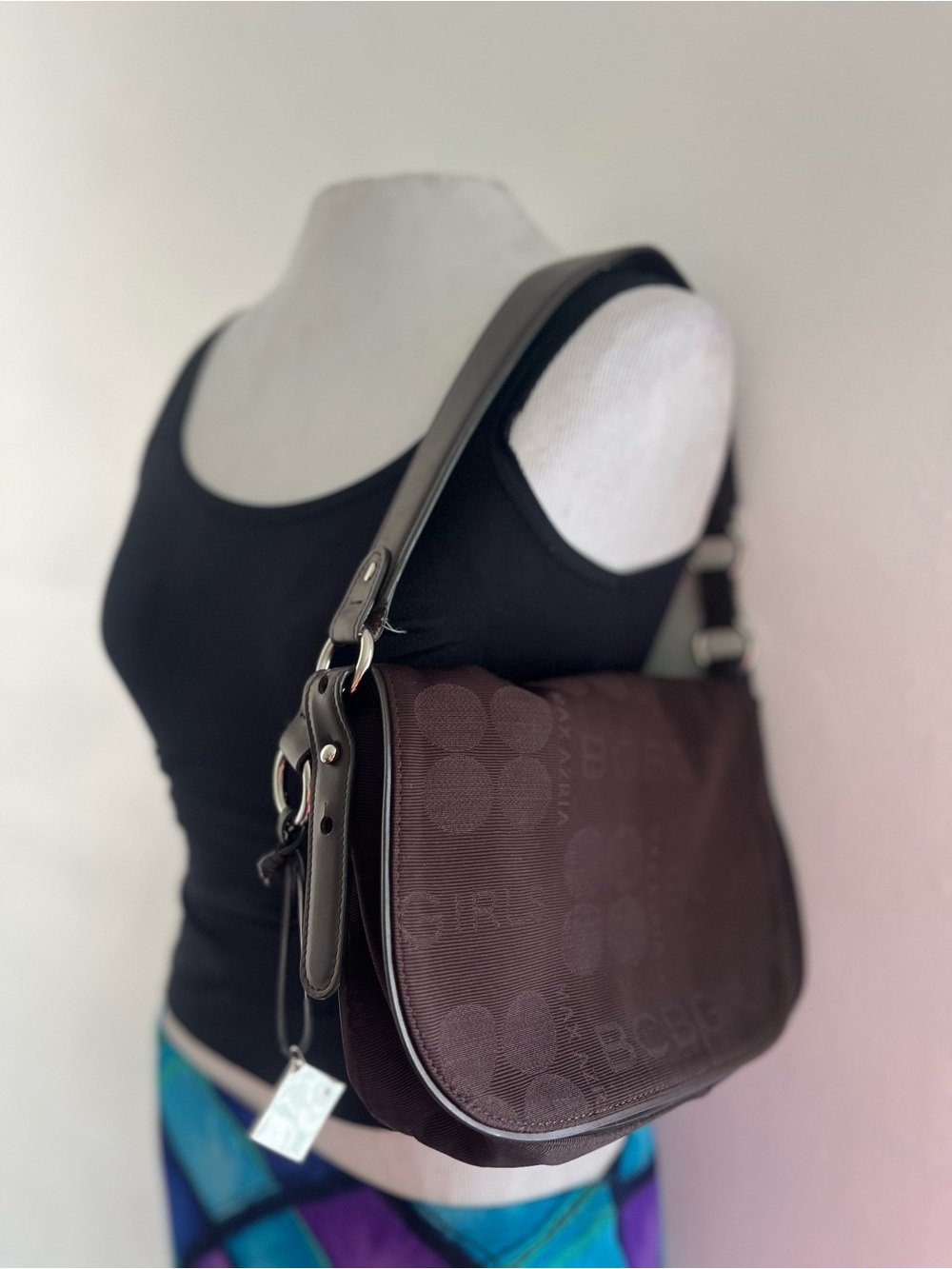 BCBG Dark Brown Logo Jacquard Shoulder Bag with Leather Trim